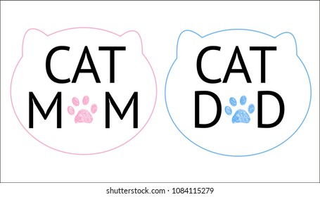 ''Cat mom, cat dad'' text and cats sillhoutte symbol and paw prints. Blue and pink colored