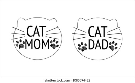 'Cat mom, cat dad'' text and cats silhouette symbol and paw prints