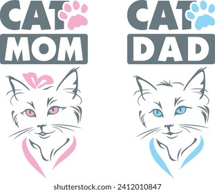 Cat mom and cat dad. Two cute designs isolated on white. Vector