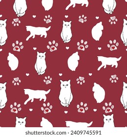 Cat mom. Happy Mother's day seamless pattern design cats with paw prints red background