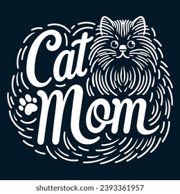 Cat Mom Heartfelt Design - Detailed Fluffy Cat with Paw Prints Artwork. Print for T-shirt, Hoodie, Sweatshirt.