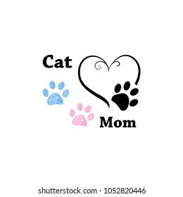 Cat Mom. Pink and blue paw print with hearts. Happy Mother's Day background