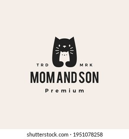 cat mom and son hipster vintage logo vector icon illustration