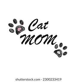 
Cat mom text with paw prints and hearts. Happy Mother's day greeting card