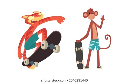 Cat and Monket Skateboarding and Showing V Sign Vector Set