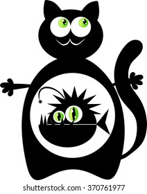 Cat with monster fish inside. Illustration of a pleased black cat with a monster fish inside stomach