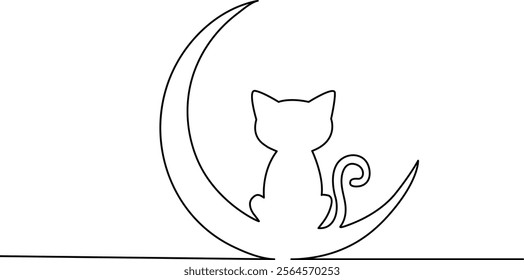 Cat with moon Continuous one line drawing icon vector