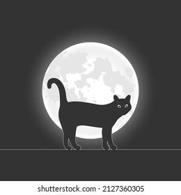 Cat and Moon graphic banner. Black cat on the background of the moon at night graphic poster. Vector illustration