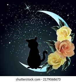 El gato y la luna en la ilustración. Ilustración vectorial de color con un gato en la luna, estrellas y flores.