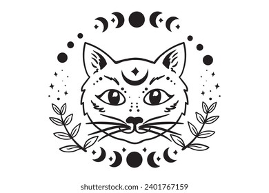 Cat and moon phases, Magic cat, Celestial cat, Witch, Witchy cat, Magic Illustration, Witchcraft, Boho, Boho Illustration, 