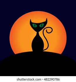 Cat and moon sign. Image of black kitty with green eyes on full moon background. Symbol of superstition. Logo for party or greeting. Mysterious animal. Mark of Halloween. Stock VECTOR illustration