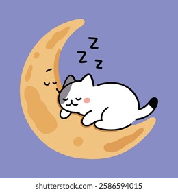 cat, moon, sleep, cartoon, cute, illustration, dream, patch, texture, night, peaceful, content, cozy, dream, whimsical, doodle, design