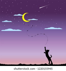 Cat and moon. Vector Illustration.