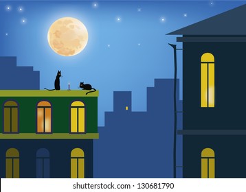 Cat .?ats in the moonlight on the roofs of the city