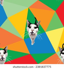 Cat mosaic geometric background. Warm palette colors, vibrant colors palette. Simple, clean, modern texture. Geometric, polygon style. Summer seamless geometric. Feline, cute kitten face.Bright colors