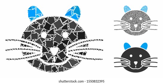 Cat mosaic of irregular pieces in various sizes and color tinges, based on cat icon. Vector raggy pieces are composed into mosaic. Cat icons collage with dotted pattern.