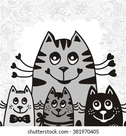 Cat mother and kittens cute cartoon black and white vector illustration
