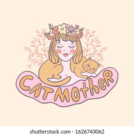 cat mother  cat lady   vector illustration girl in wreath and cat her shoulders  sticker