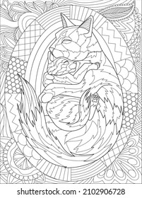 Cat Mother Line Drawing Holding Small Kitten Surrounded With A Detailed Pattern Coloring Book
