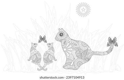 Cat Mother Line Drawing Holding Small Kitten Surrounded With A Detailed Pattern Coloring Book