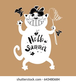 Cat with a motivating quote. Vector hand lettered inspirational typography poster - Hello summer.
