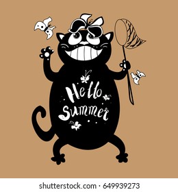 Cat with a motivating quote. Vector hand lettered inspirational typography poster - Hello summer.