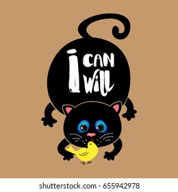 Cat with a motivating quote. Vector hand lettered inspirational typography poster - I can i will.