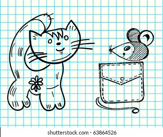 Cat and mouse in bag, child hand drawn illustration. Vector.