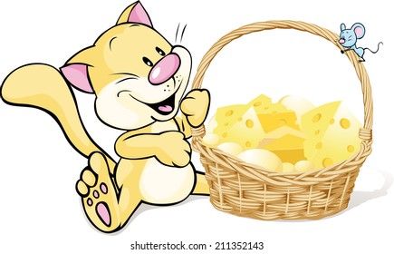 cat and mouse with basket full of cheese
