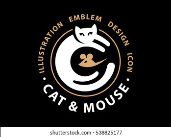 Cat and mouse catch illustration, emblem logo design