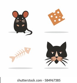 Cat, mouse, cheese, fish. Vector flat illustration, icon set, white background