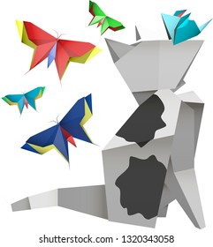 cat, mouse and colored butterflies on white background. Geometry, vector, origami style animal collection