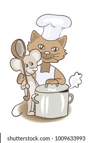 Cat and mouse cooking. Vector cartoon illustration isolated on white.