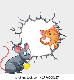 Cat and mouse crack wall cartoon vector art and illustration