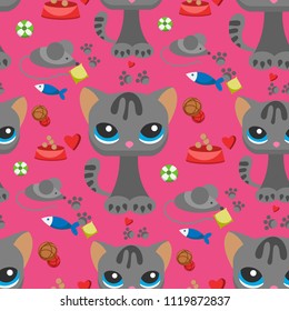 Cat and mouse cute kitty pet cartoon cute animal cattish character seamless pattern background catlike illustration