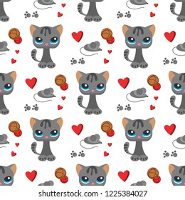 Cat and mouse cute kitty pet cartoon cute animal cattish character seamless pattern background catlike illustration