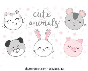 Katze, Maus, Hund, Kaninchen, Schweinegesichtsset. Kawaii-Tier. Cute Cartoon Charakter. Liebt die Karte. Flaches Design. Weißer Hintergrund.