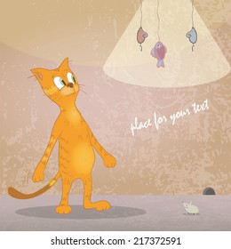 Cat with mouse and fish. Comical  illustration with place for text. Can be used as card