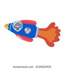 A cat and a mouse fly on a blue rocket on a white background. Vector illustration