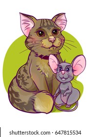 A cat and a mouse are friends. Cute characters for postcards, children's books and design
