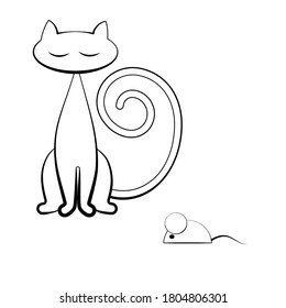 Cat and mouse in full face. A black-and-white outline image on a white isolated background. Vector illustration.