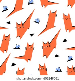 Cat and mouse game. Funny red cat is hunting little mice. Seamless pattern with cute minimalistic characters and graphic elements in cartoon style on white background.
