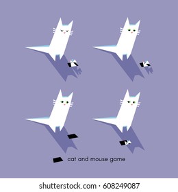 Cat and mouse game. Funny white cats are hunting little mice. Minimalistic illustration with cute characters and graphic elements in cartoon style on lilac background.