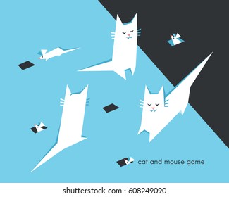 Cat and mouse game. Funny white cats are hunting little mice. Minimalistic illustration with cute characters and graphic elements in cartoon style on blue background.