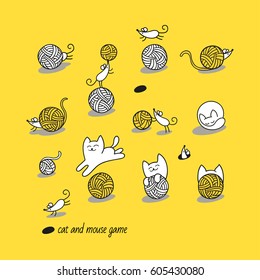 Cat And Mouse Game. Little White Cat Hunt Funny Mice. They Play With Wool Balls And Hide. Set Of Cute Animal Characters And Graphic Elements For Kids Design In Cartoon Hand Drawn Style On Yellow.