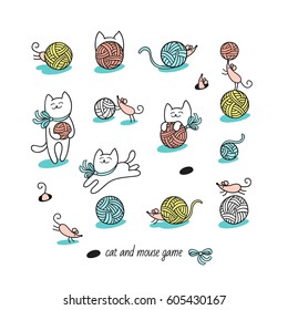 Cat and mouse game. Little white cat hunt funny pink mice. They play with wool balls and hide. Set of cute animal characters and graphic elements for kids design in cartoon hand drawn style on white.