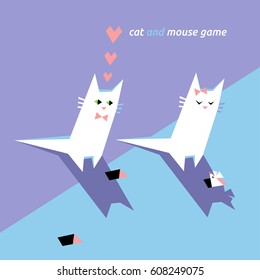 Cat and mouse game. Two white cats-lovers are hunting little mouse. Minimalistic illustration with cute characters and graphic elements in cartoon style on lilac background.