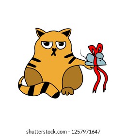 Cat with mouse gift isollated on white background