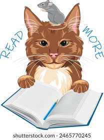 The cat and mouse love to read books. Vector