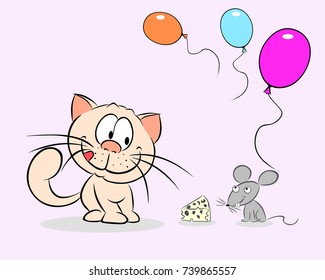 Cat and mouse next to cheese and balloons on a pink background.